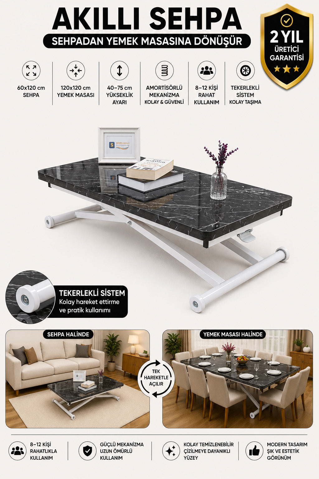 Home Smart Coffee Table – Black Marble MDF Top & White Metal Leg