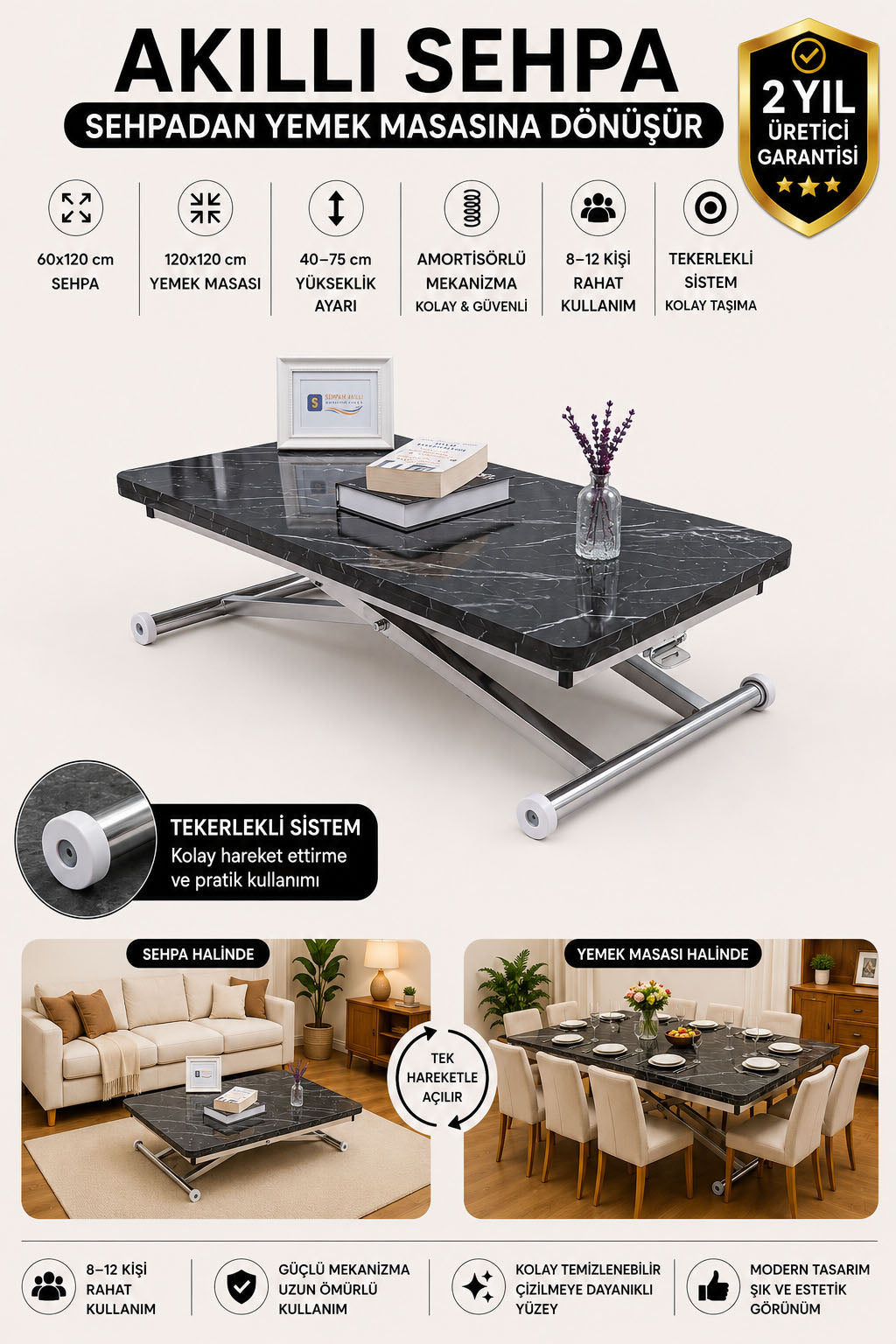 Home Smart Coffee Table – Black Marble MDF Top & Chrome Plated Metal Leg
