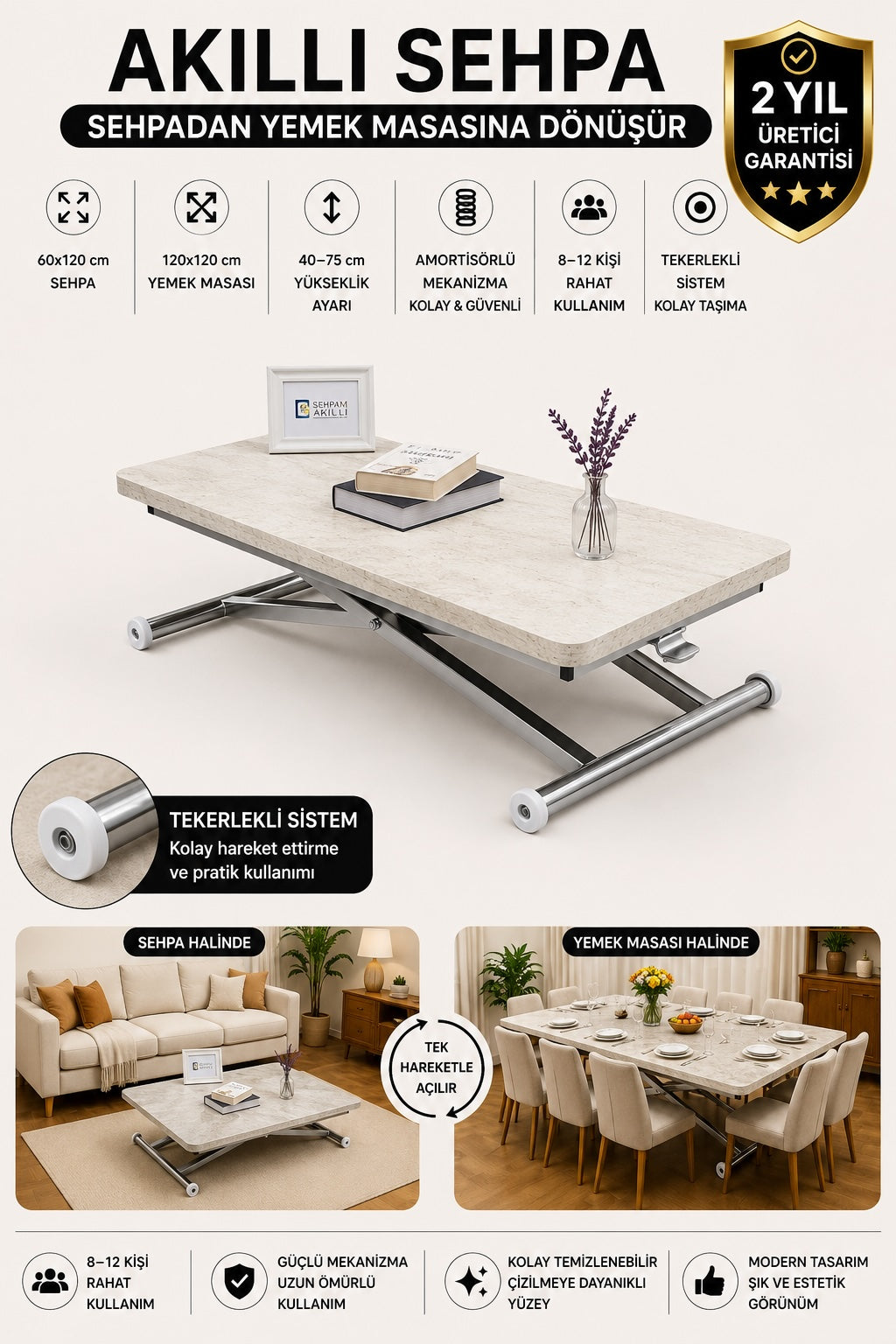 Home Smart Coffee Table – Travertine MDF Top & Chrome Plated Metal Legs