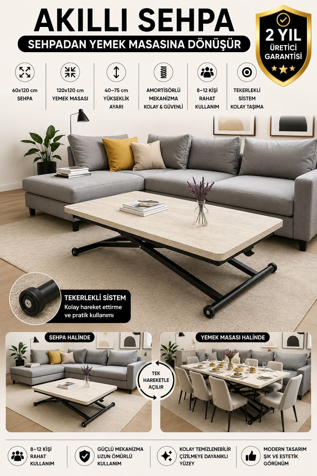 Home Smart Coffee Table – Travertine MDF Top & Black Metal Legs