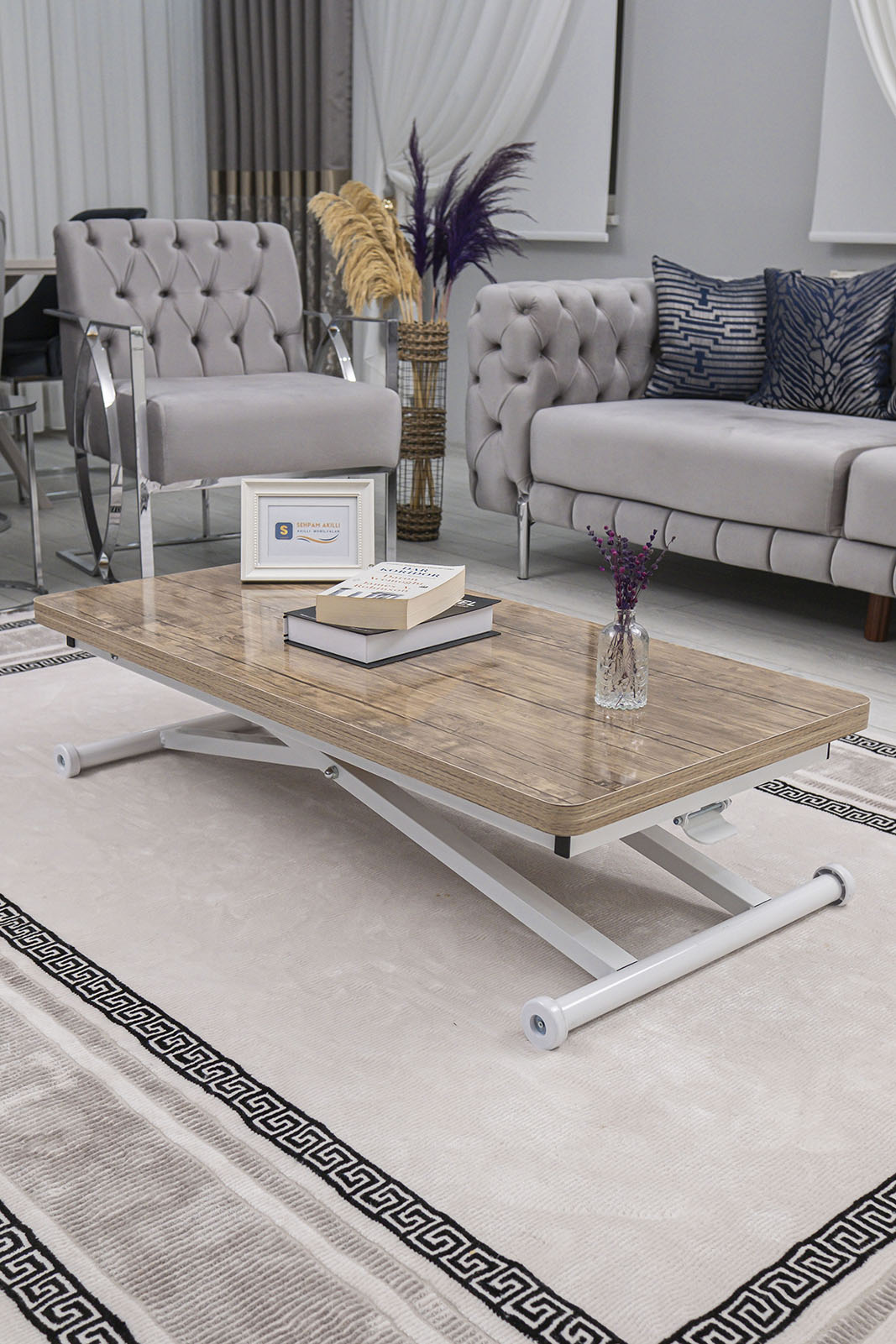 Home Akıllı Sehpa – Antiklayt MDF Üst & Beyaz Metal Ayak