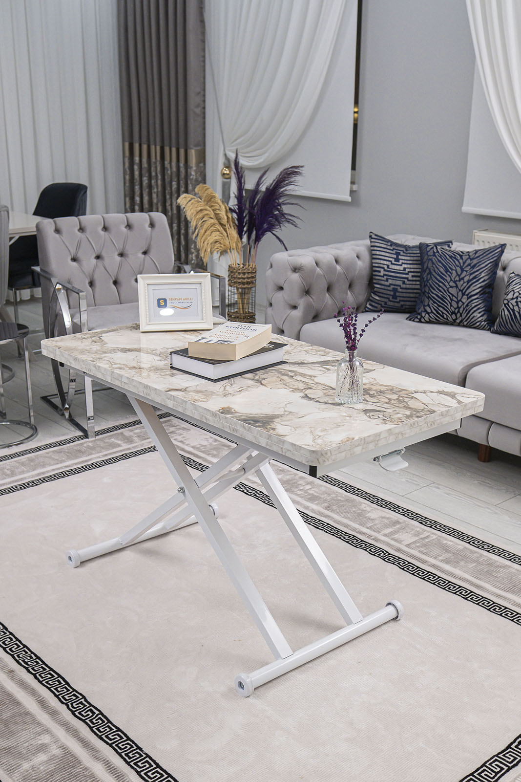 Home Smart Coffee Table – White Marble MDF Top & White Metal Leg