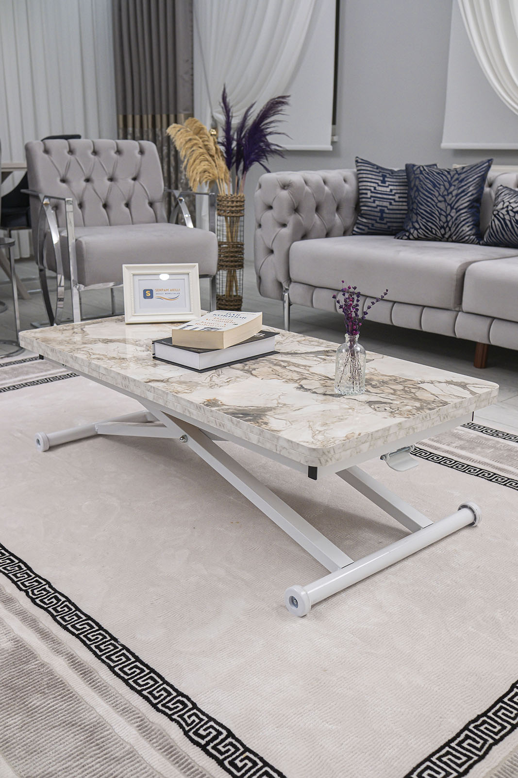 Home Smart Coffee Table – White Marble MDF Top & White Metal Leg