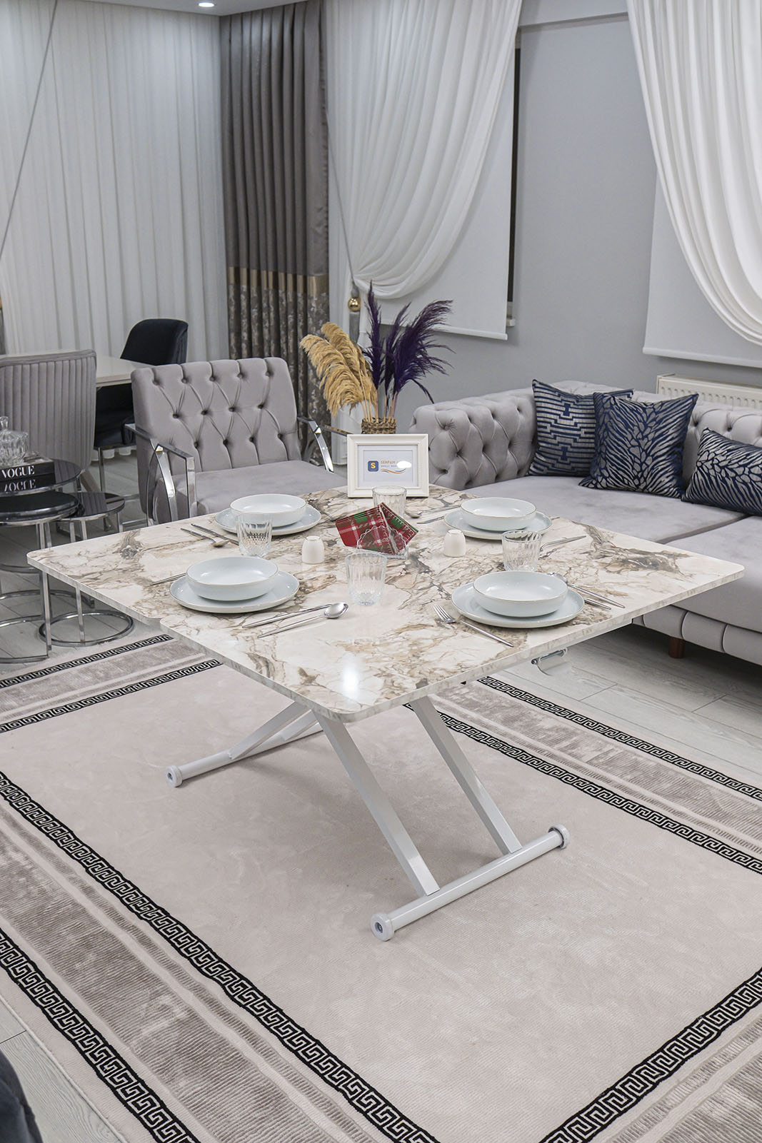 Home Smart Coffee Table – White Marble MDF Top & White Metal Leg