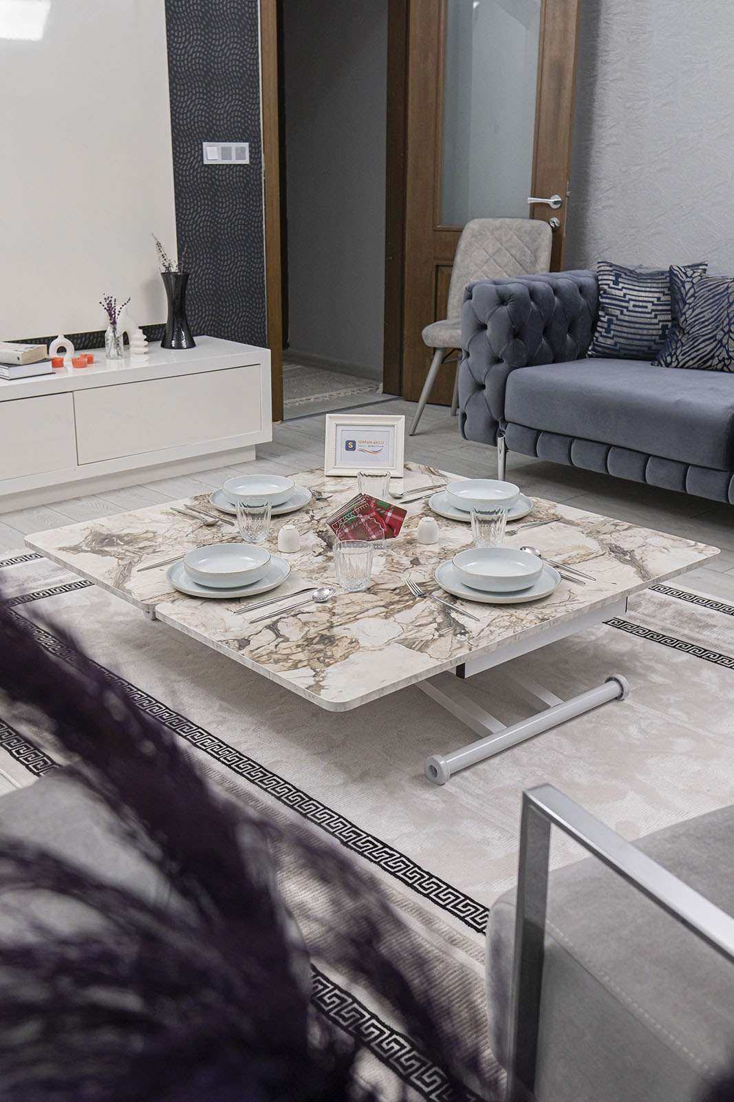 Home Smart Coffee Table – White Marble MDF Top & White Metal Leg