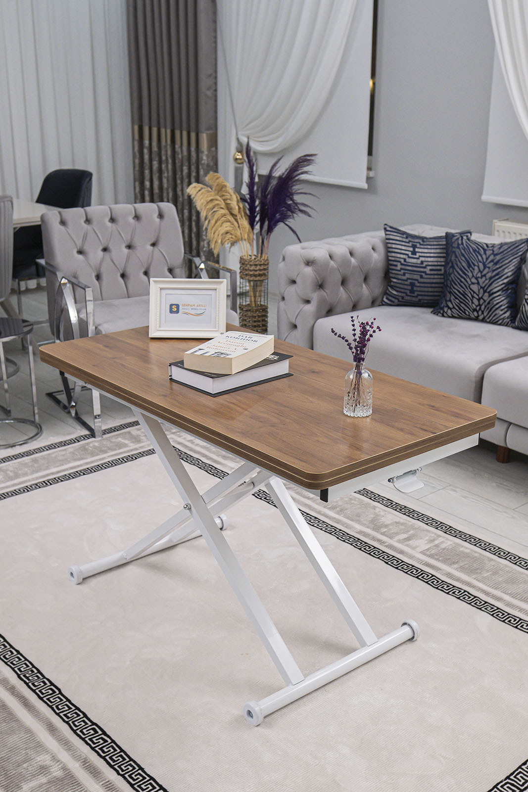 Home Akıllı Sehpa – Ceviz MDF Üst & Beyaz Metal Ayak