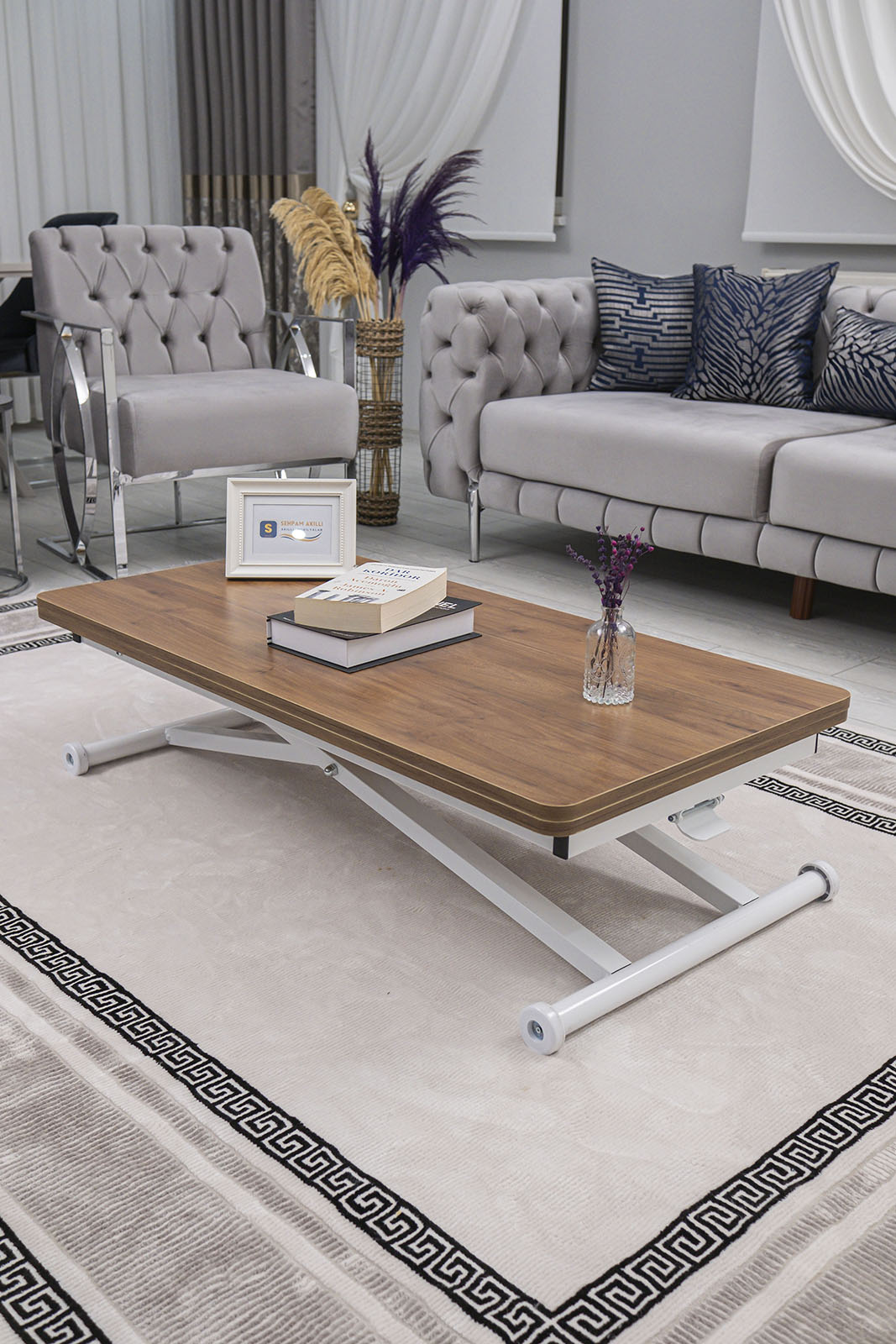 Home Akıllı Sehpa – Ceviz MDF Üst & Beyaz Metal Ayak