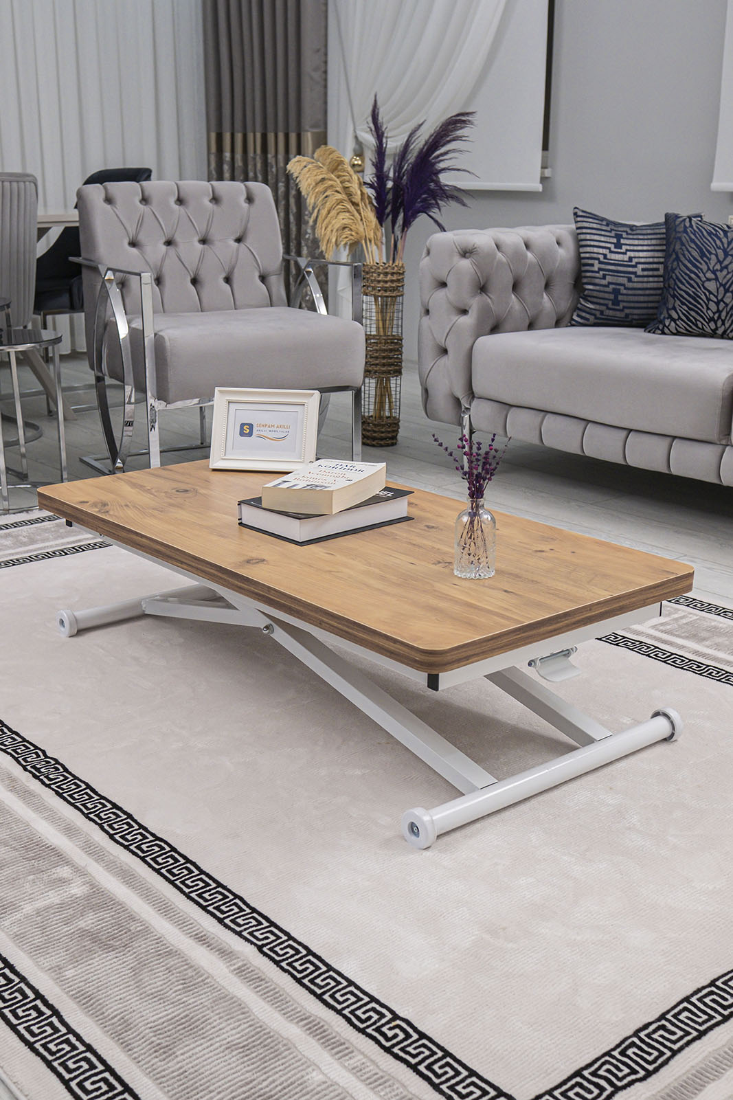 Home Smart Coffee Table – EfesCam MDF Top & White Metal Legs