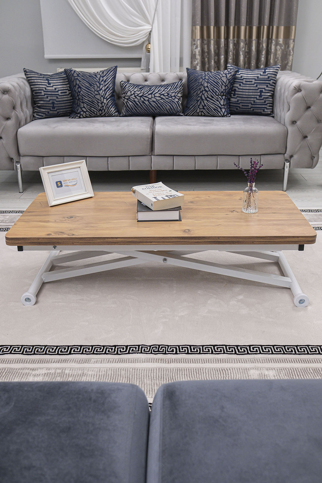 Home Smart Coffee Table – EfesCam MDF Top & White Metal Legs