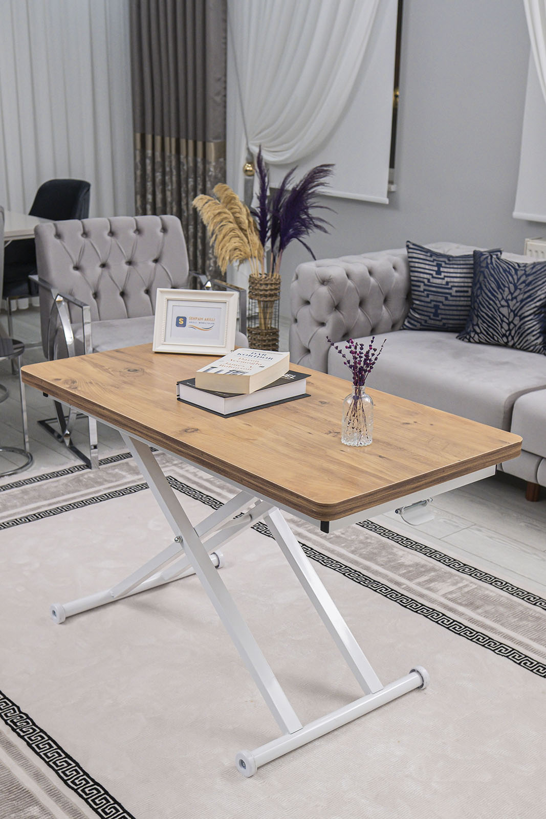 Home Smart Coffee Table – EfesCam MDF Top & White Metal Legs