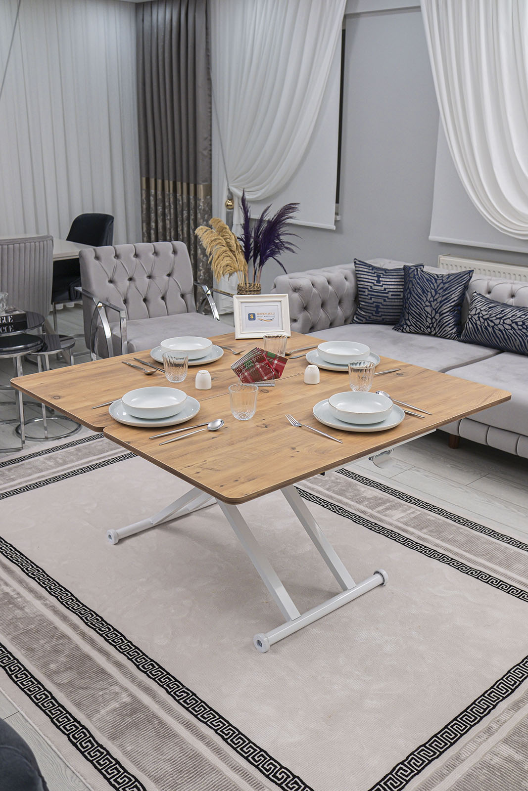 Home Smart Coffee Table – EfesCam MDF Top & White Metal Legs