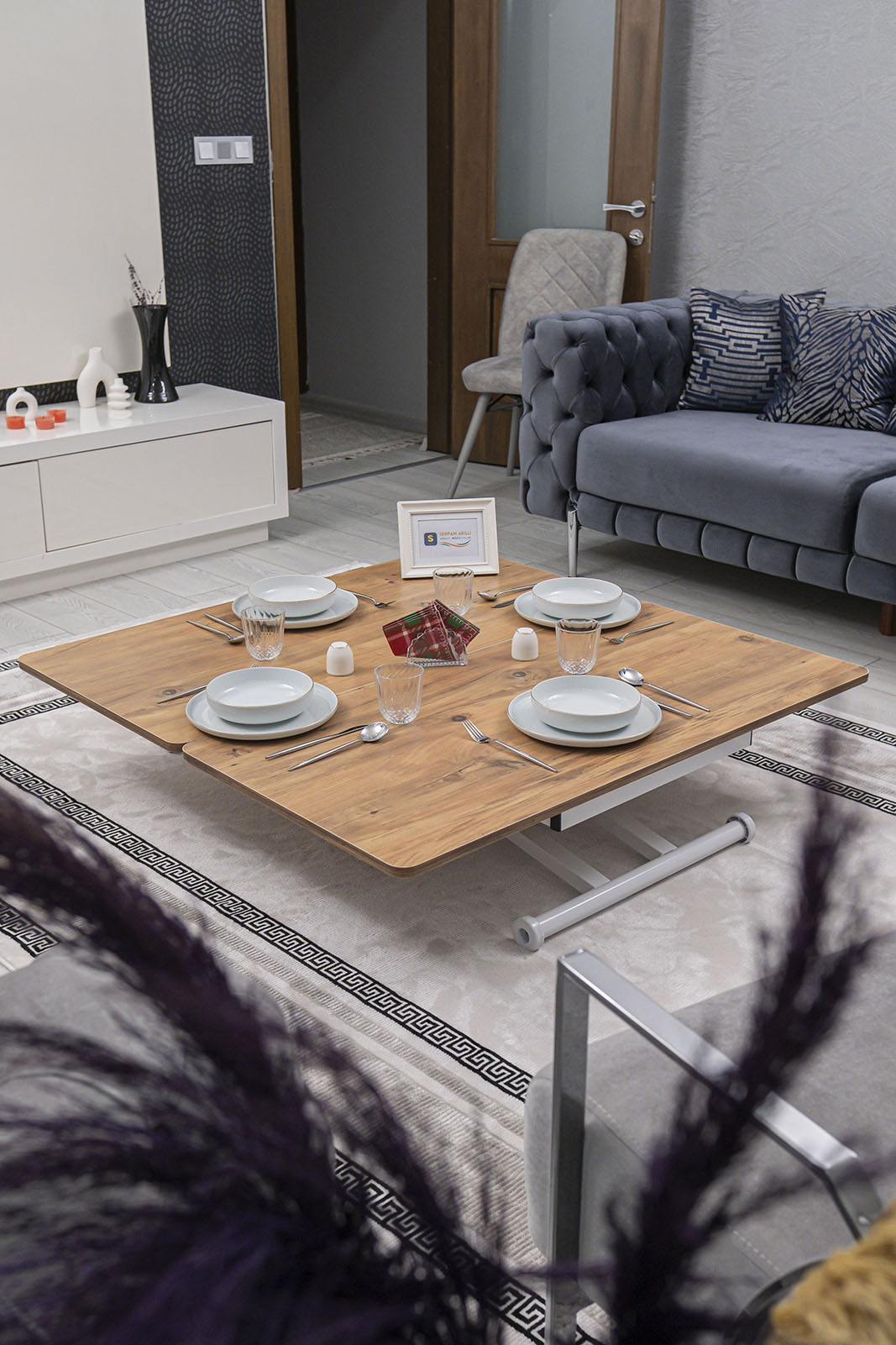 Home Smart Coffee Table – EfesCam MDF Top & White Metal Legs