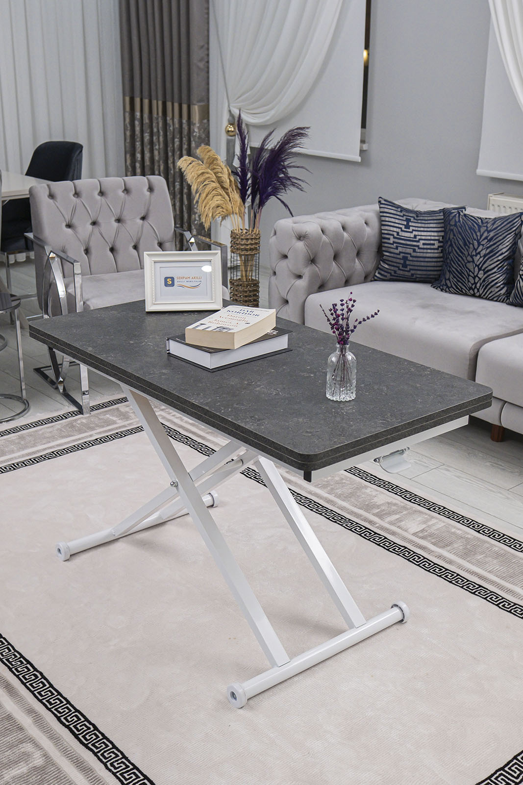 Home Smart Coffee Table – Grooved Anthracite MDF Top & White Metal Legs