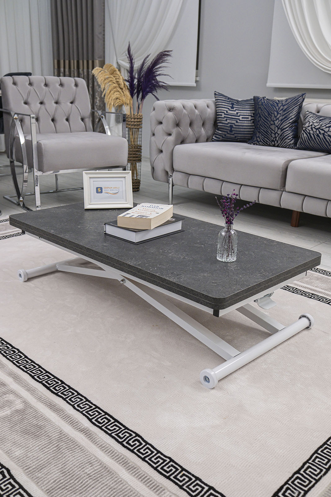 Home Smart Coffee Table – Grooved Anthracite MDF Top & White Metal Legs