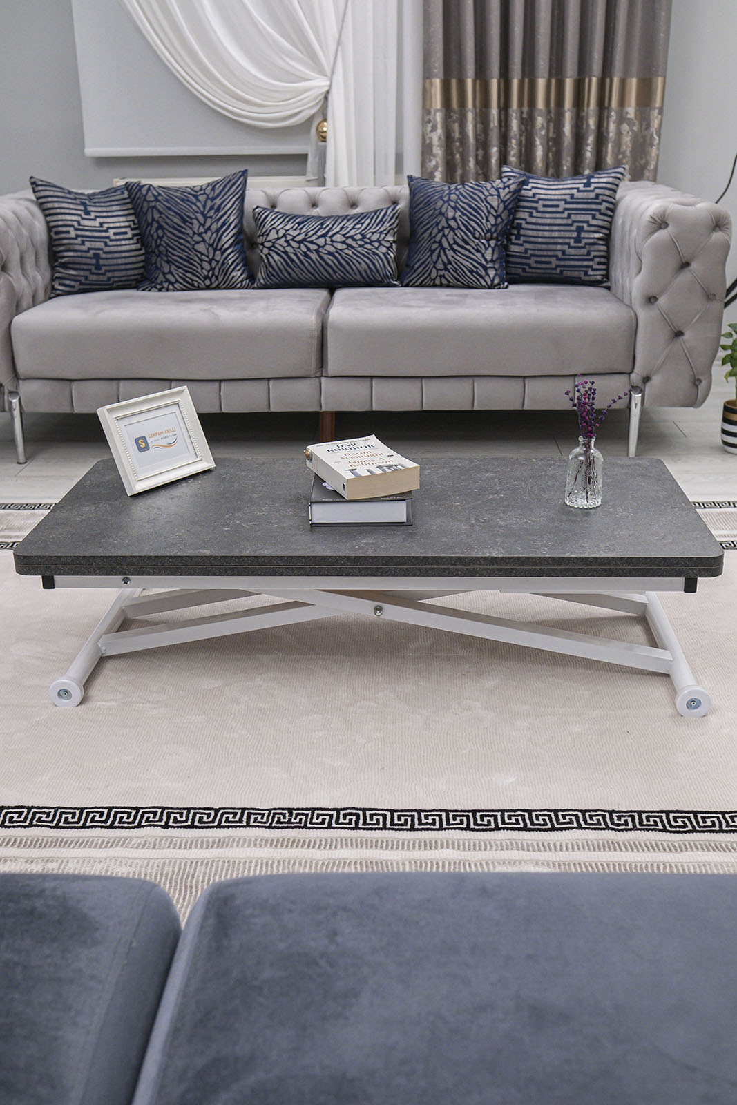 Home Smart Coffee Table – Grooved Anthracite MDF Top & White Metal Legs