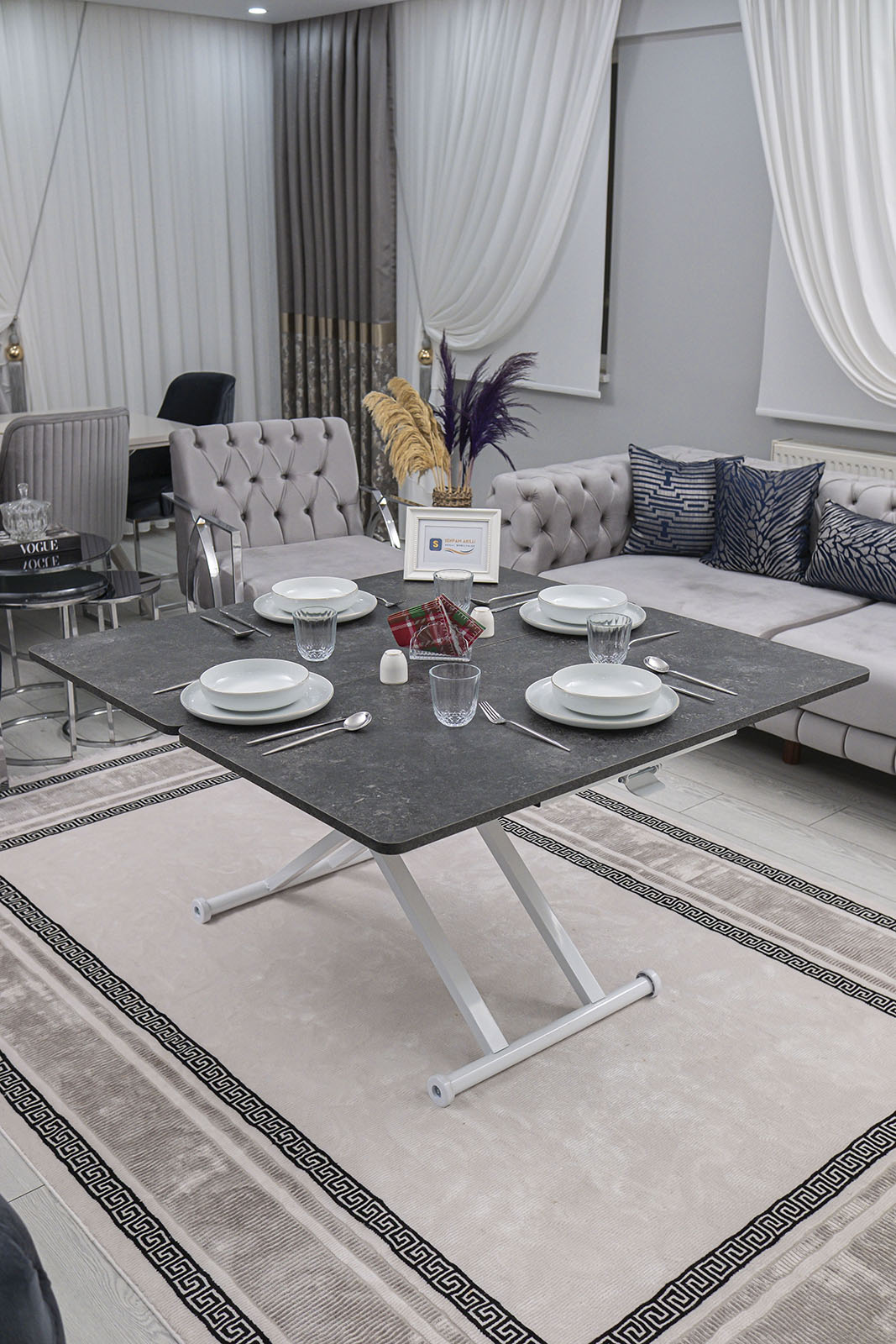 Home Smart Coffee Table – Grooved Anthracite MDF Top & White Metal Legs