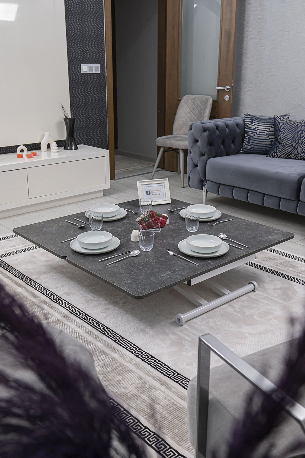Home Smart Coffee Table – Grooved Anthracite MDF Top & White Metal Legs