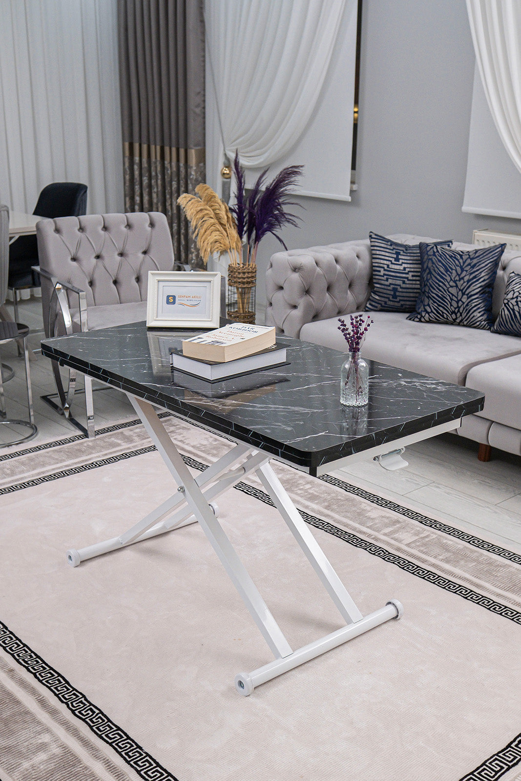 Home Smart Coffee Table – Black Marble MDF Top & White Metal Leg