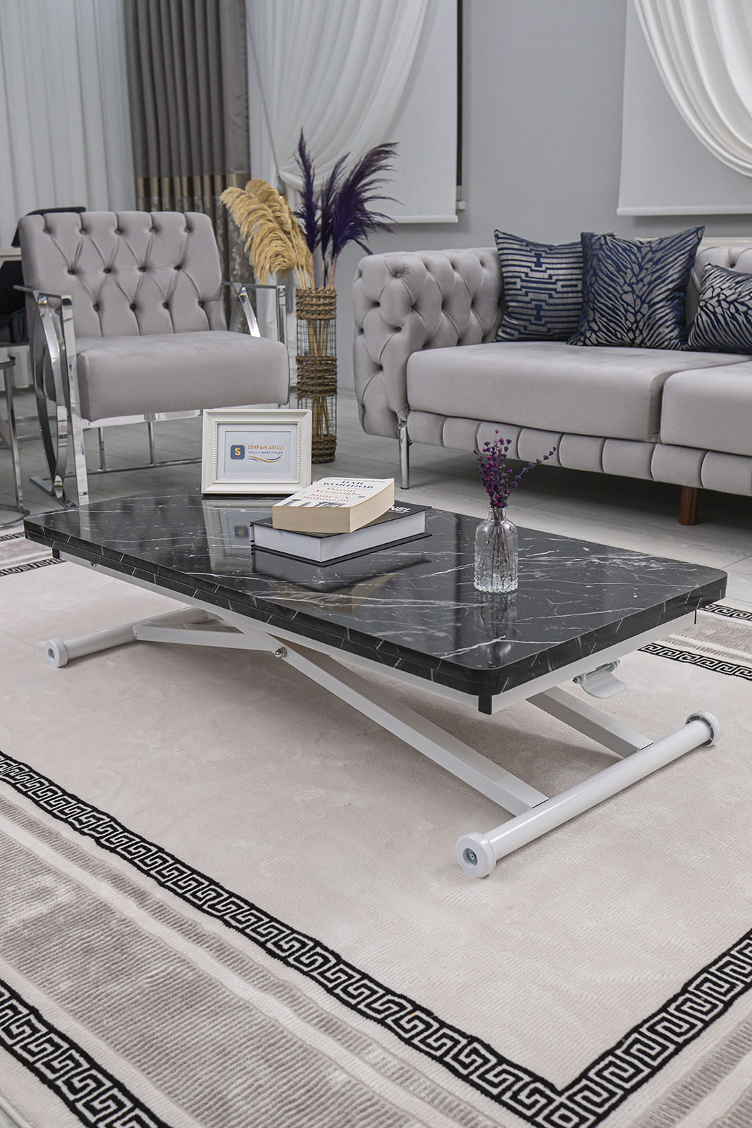 Home Smart Coffee Table – Black Marble MDF Top & White Metal Leg