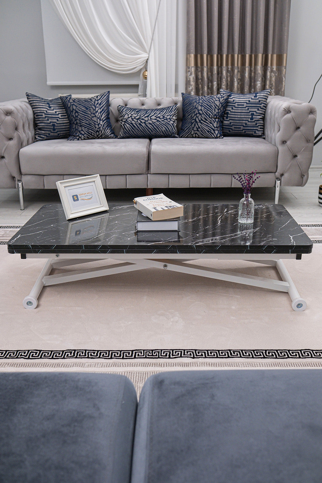 Home Smart Coffee Table – Black Marble MDF Top & White Metal Leg