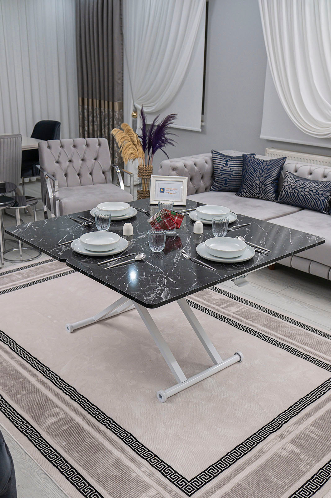 Home Smart Coffee Table – Black Marble MDF Top & White Metal Leg