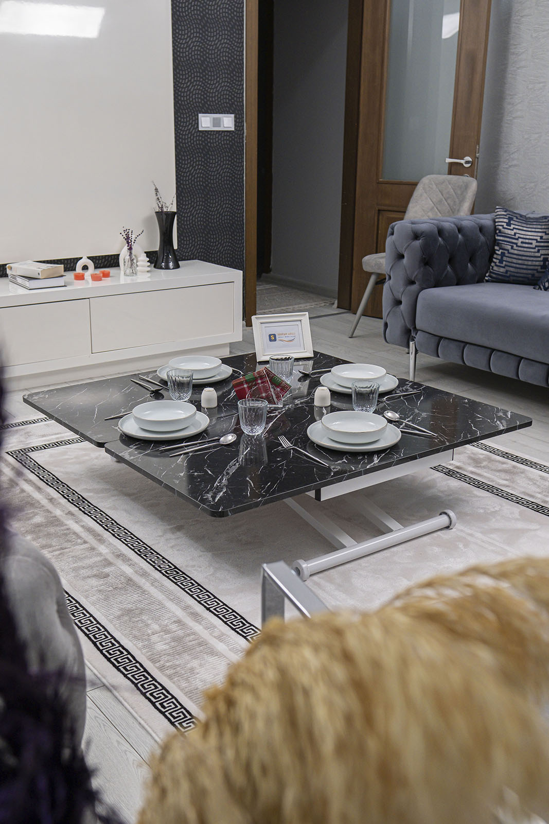 Home Smart Coffee Table – Black Marble MDF Top & White Metal Leg