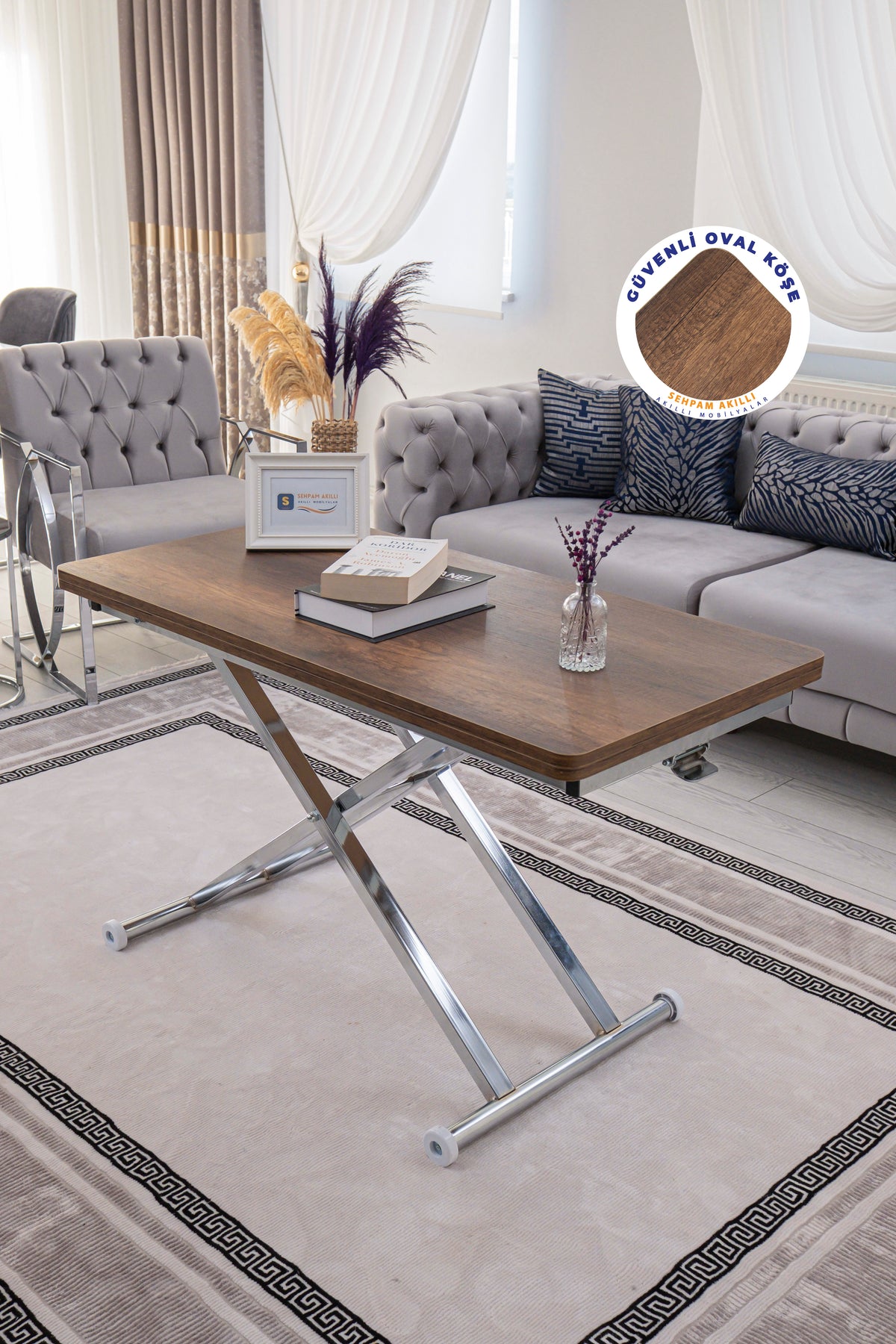 Home Akıllı Sehpa – Barok Koyu Ceviz MDF Üst & Krom Kaplama Metal Ayak