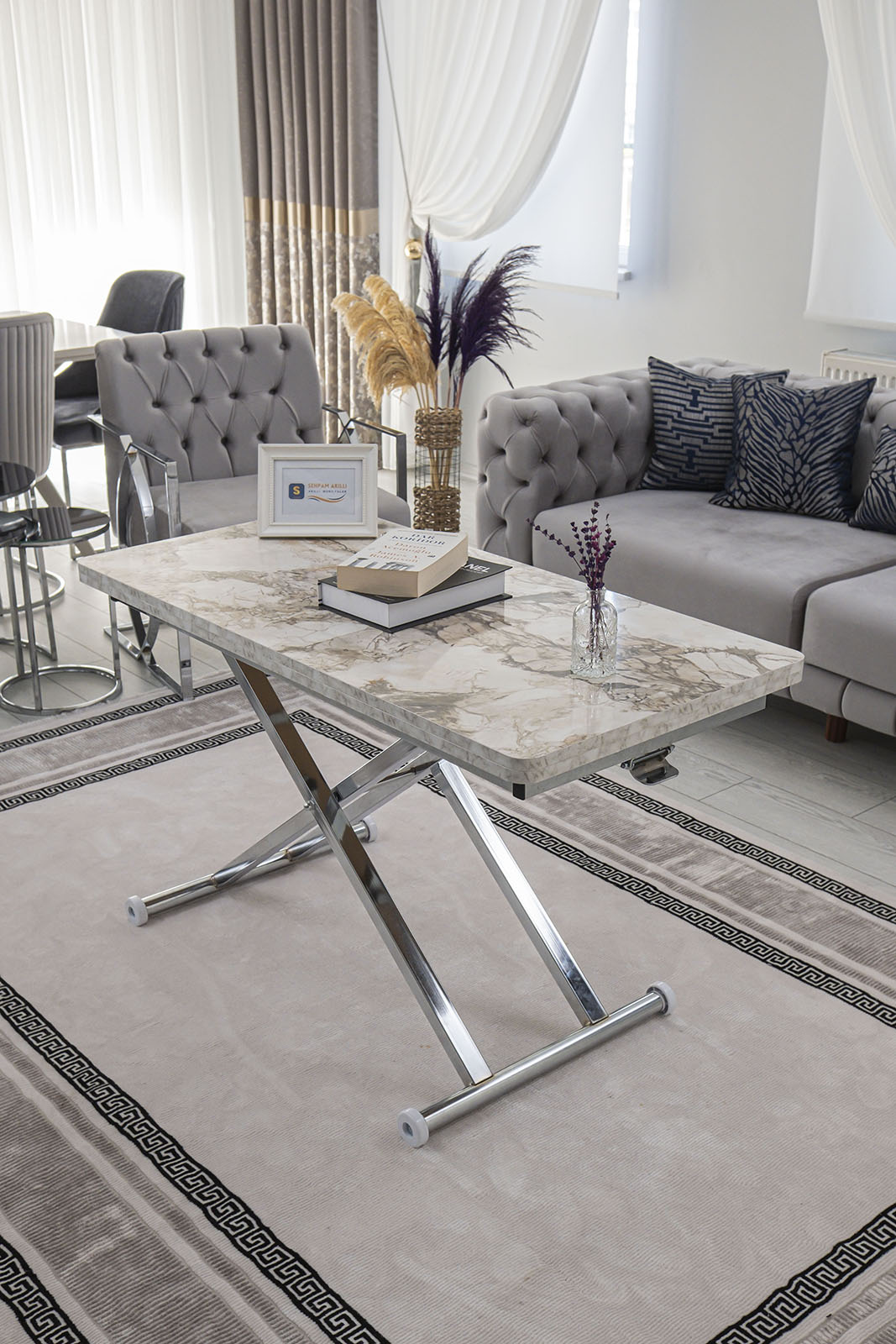 Home Akıllı Sehpa – Beyaz Mermer MDF Üst & Krom Kaplama Metal Ayak