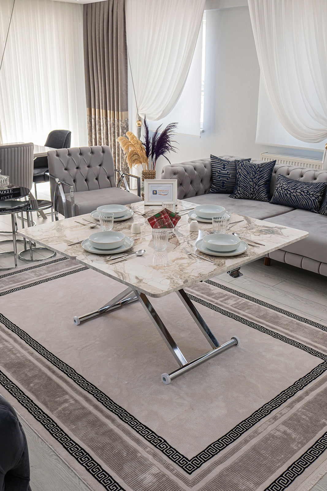 Home Akıllı Sehpa – Beyaz Mermer MDF Üst & Krom Kaplama Metal Ayak