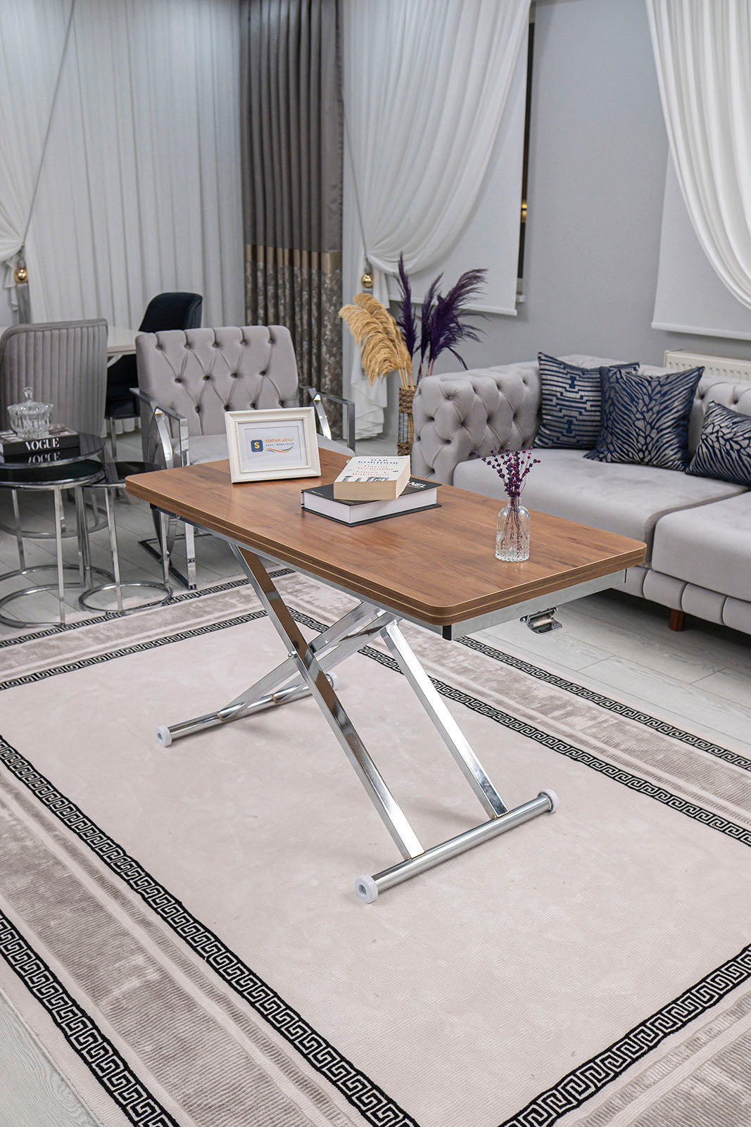 Home Smart Coffee Table – Walnut MDF Top & Chrome Plated Metal Leg