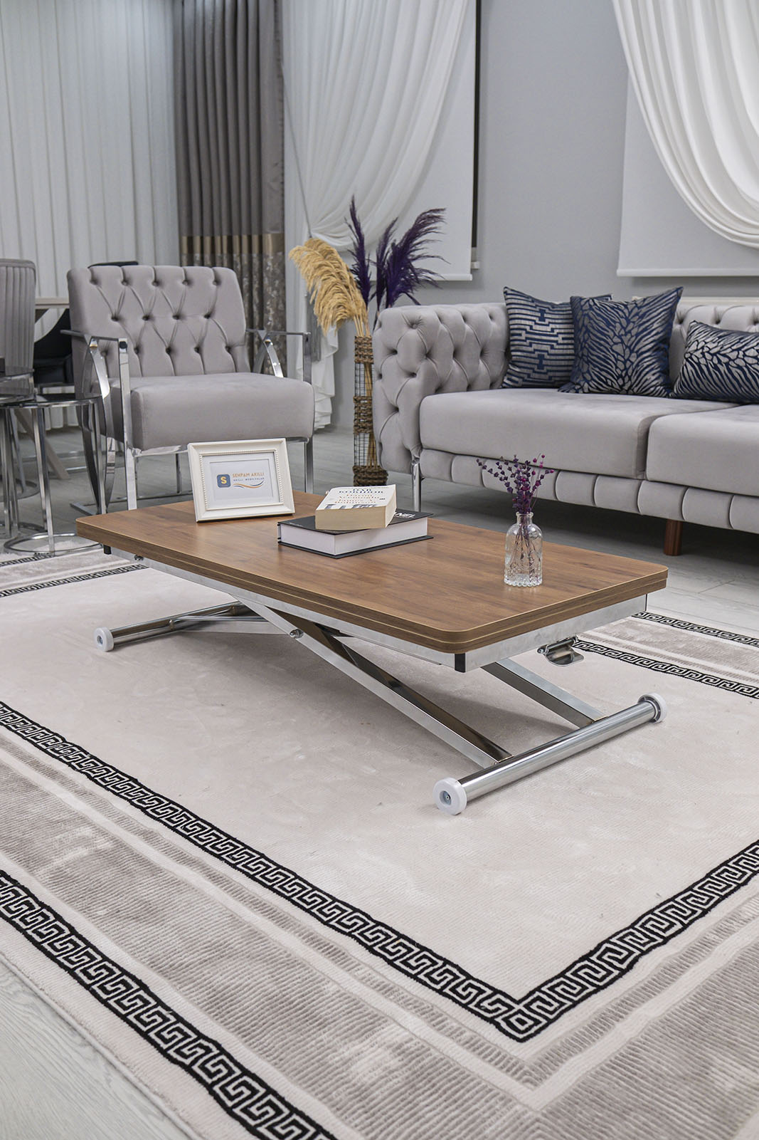 Home Smart Coffee Table – Walnut MDF Top & Chrome Plated Metal Leg