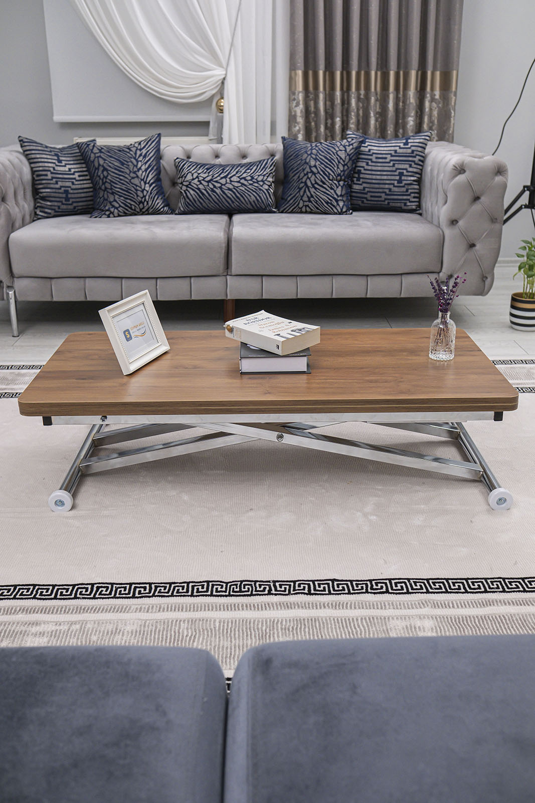 Home Smart Coffee Table – Walnut MDF Top & Chrome Plated Metal Leg