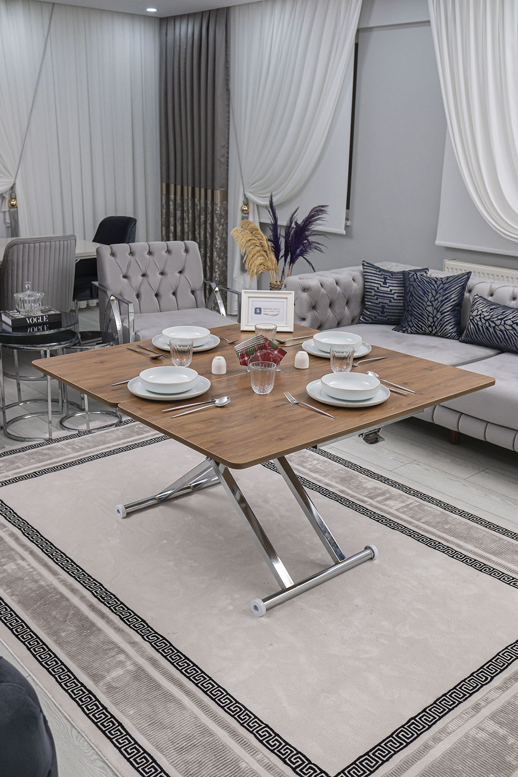 Home Smart Coffee Table – Walnut MDF Top & Chrome Plated Metal Leg