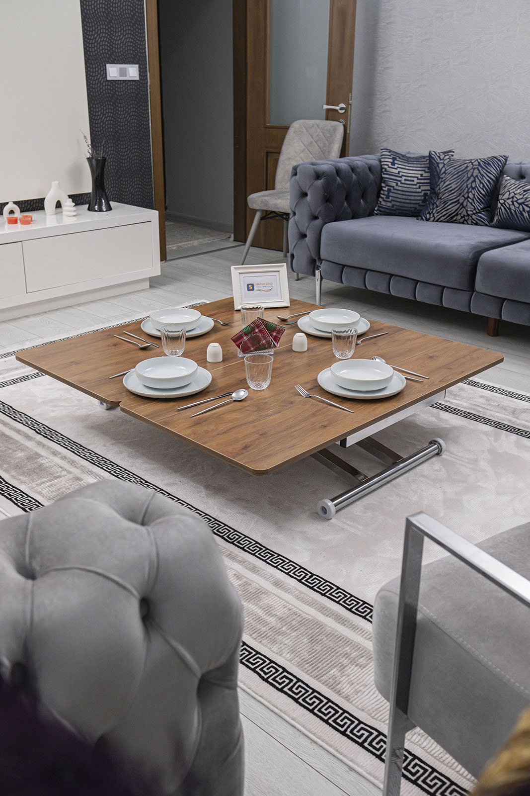 Home Smart Coffee Table – Walnut MDF Top & Chrome Plated Metal Leg