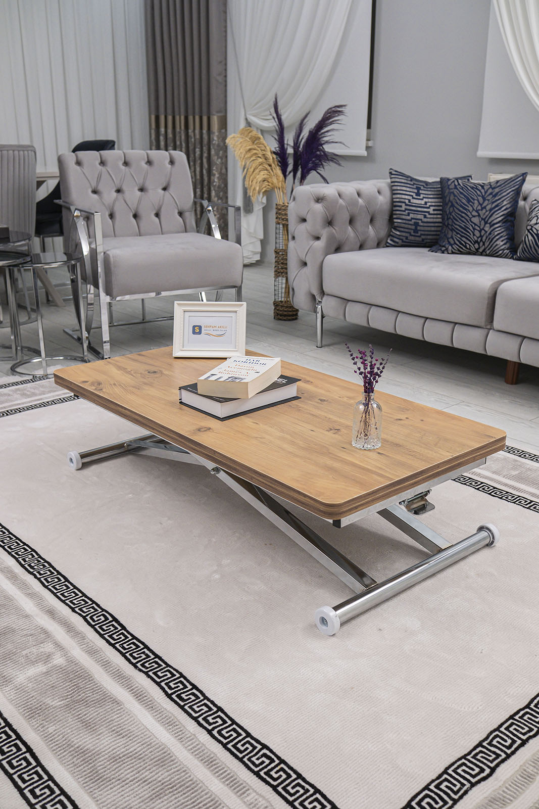 Home Smart Coffee Table – EfesCam MDF Top & Chrome Plated Metal Legs