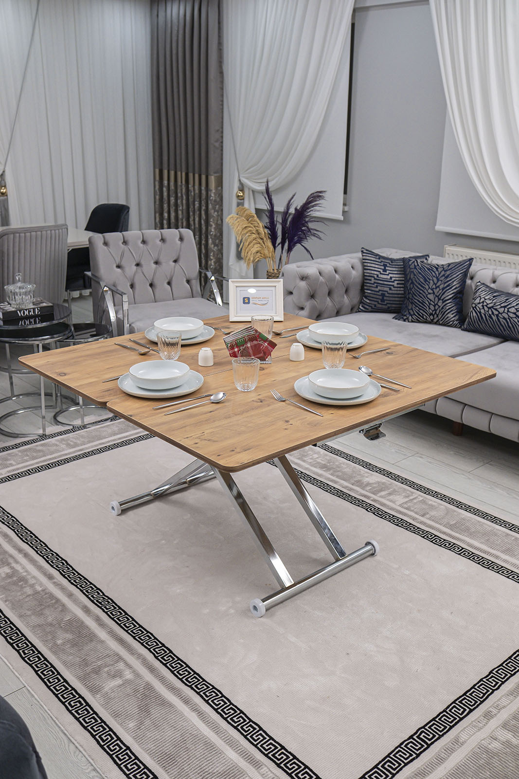 Home Smart Coffee Table – EfesCam MDF Top & Chrome Plated Metal Legs