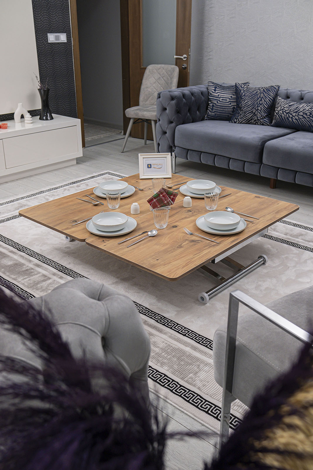 Home Smart Coffee Table – EfesCam MDF Top & Chrome Plated Metal Legs