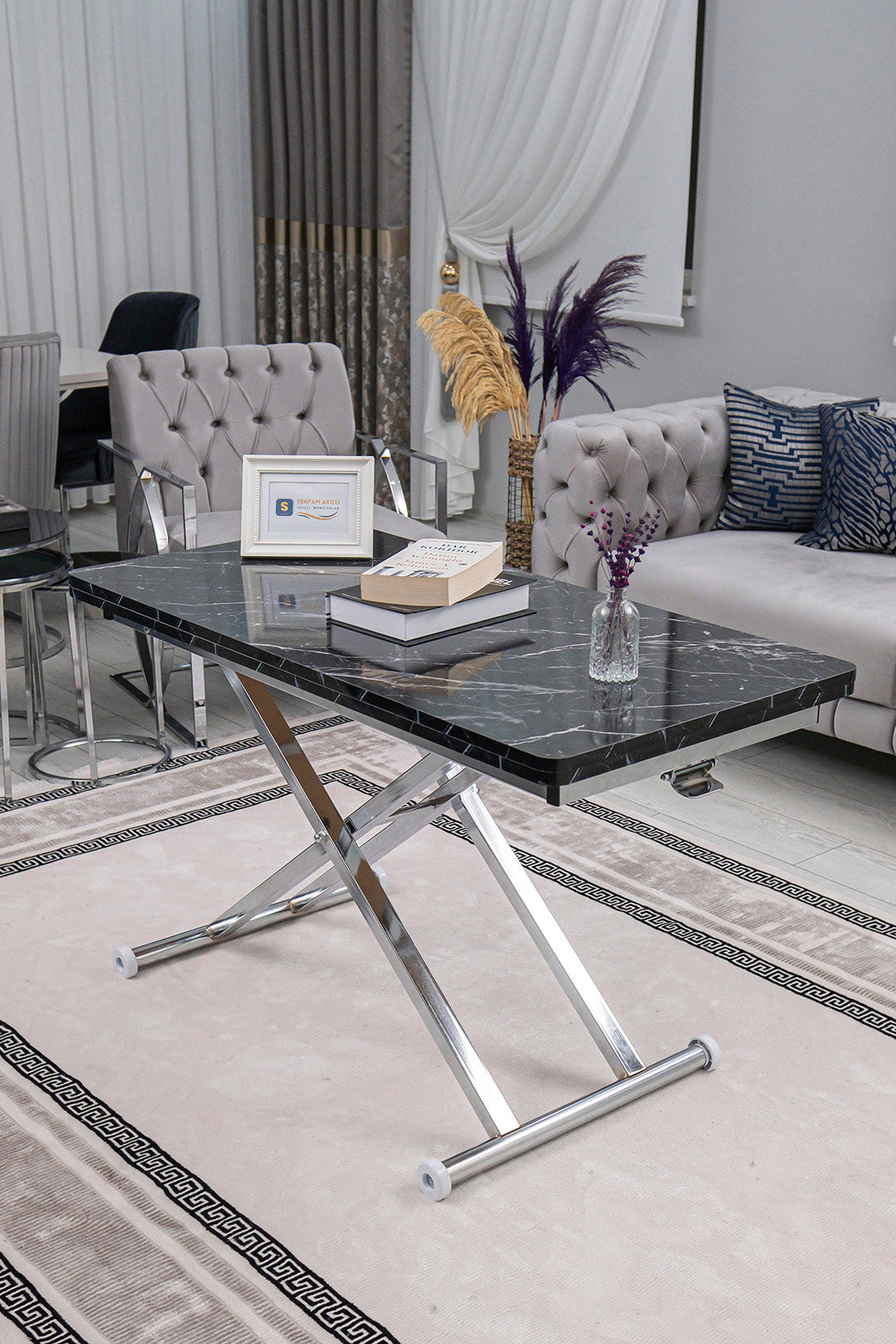 Home Smart Coffee Table – Black Marble MDF Top & Chrome Plated Metal Leg