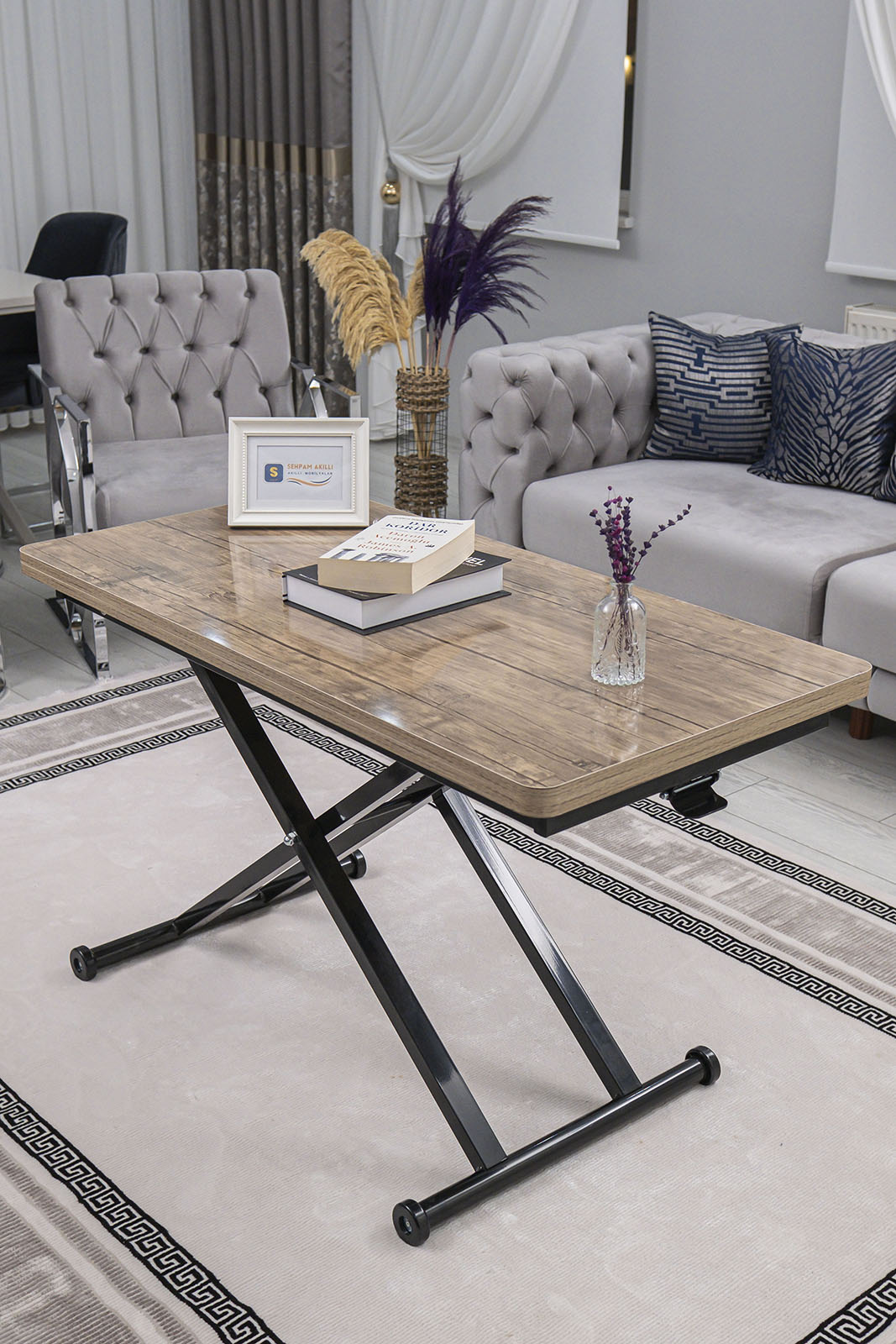 Home Smart Coffee Table – Antique Light MDF Top & Black Metal Legs