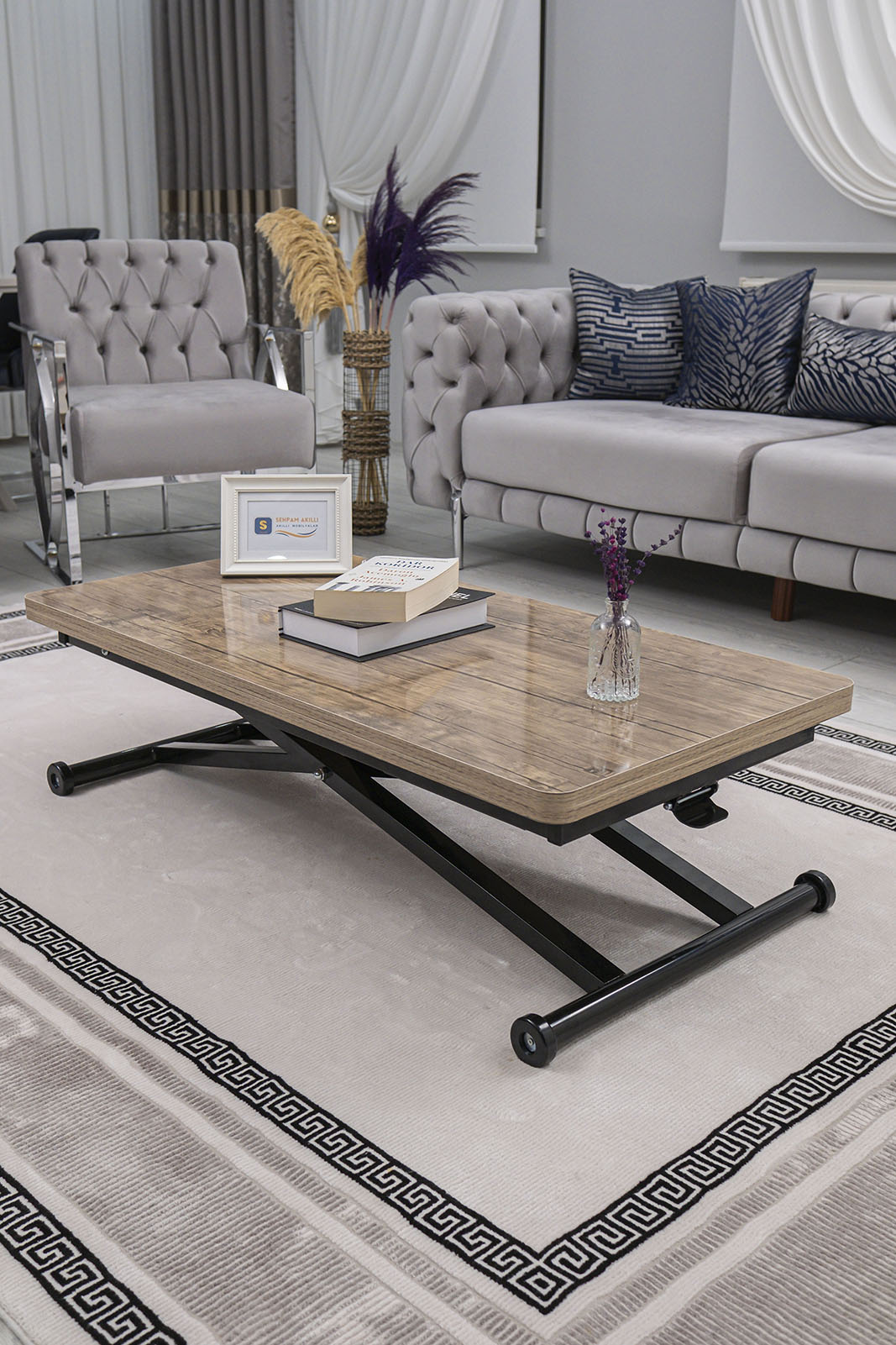 Home Smart Coffee Table – Antique Light MDF Top & Black Metal Legs