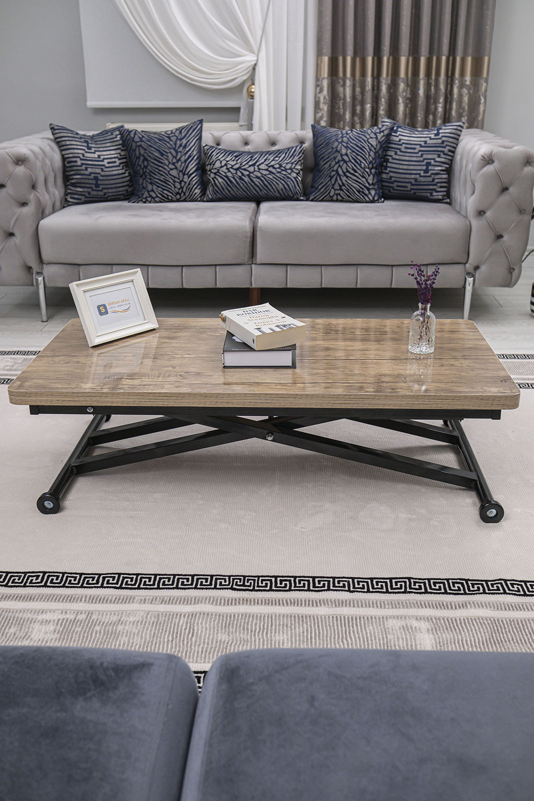 Home Smart Coffee Table – Antique Light MDF Top & Black Metal Legs