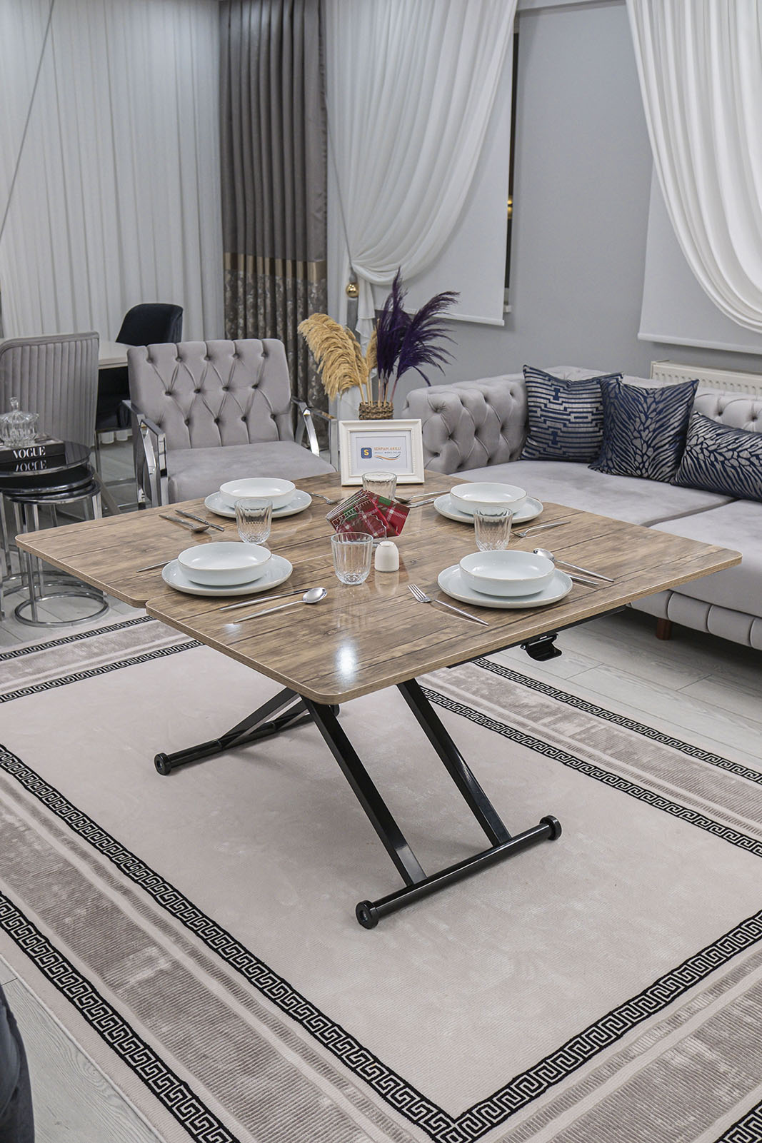 Home Smart Coffee Table – Antique Light MDF Top & Black Metal Legs