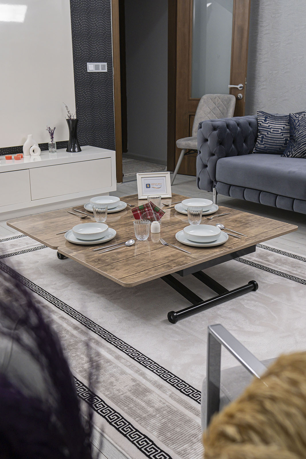 Home Smart Coffee Table – Antique Light MDF Top & Black Metal Legs