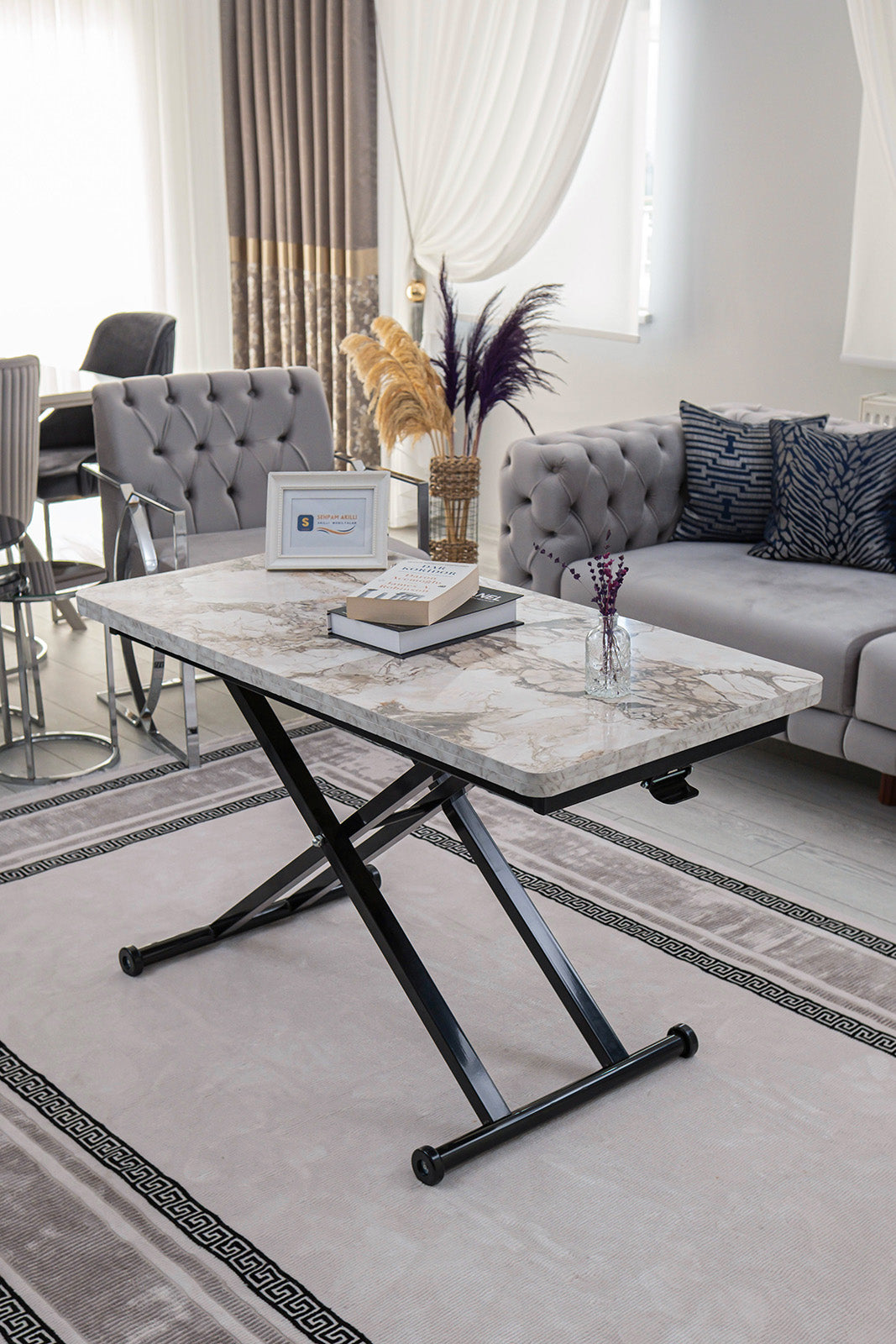 Home Smart Coffee Table – White Marble MDF Top & Black Metal Legs