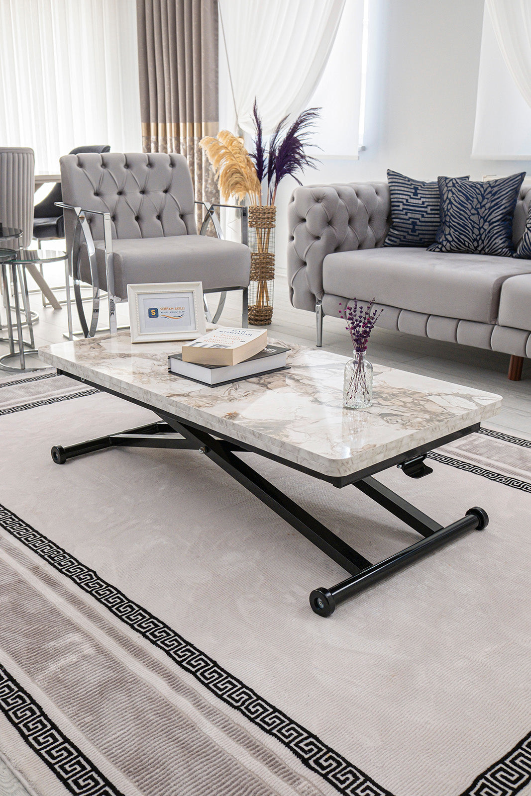 Home Smart Coffee Table – White Marble MDF Top & Black Metal Legs