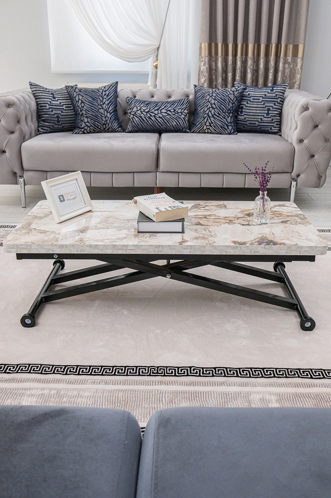Home Smart Coffee Table – White Marble MDF Top & Black Metal Legs