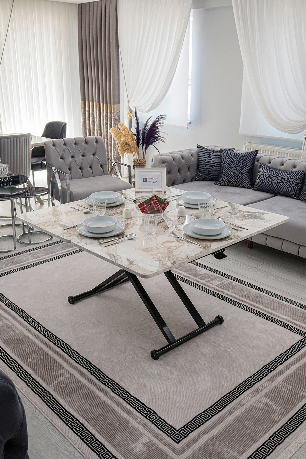 Home Smart Coffee Table – White Marble MDF Top & Black Metal Legs