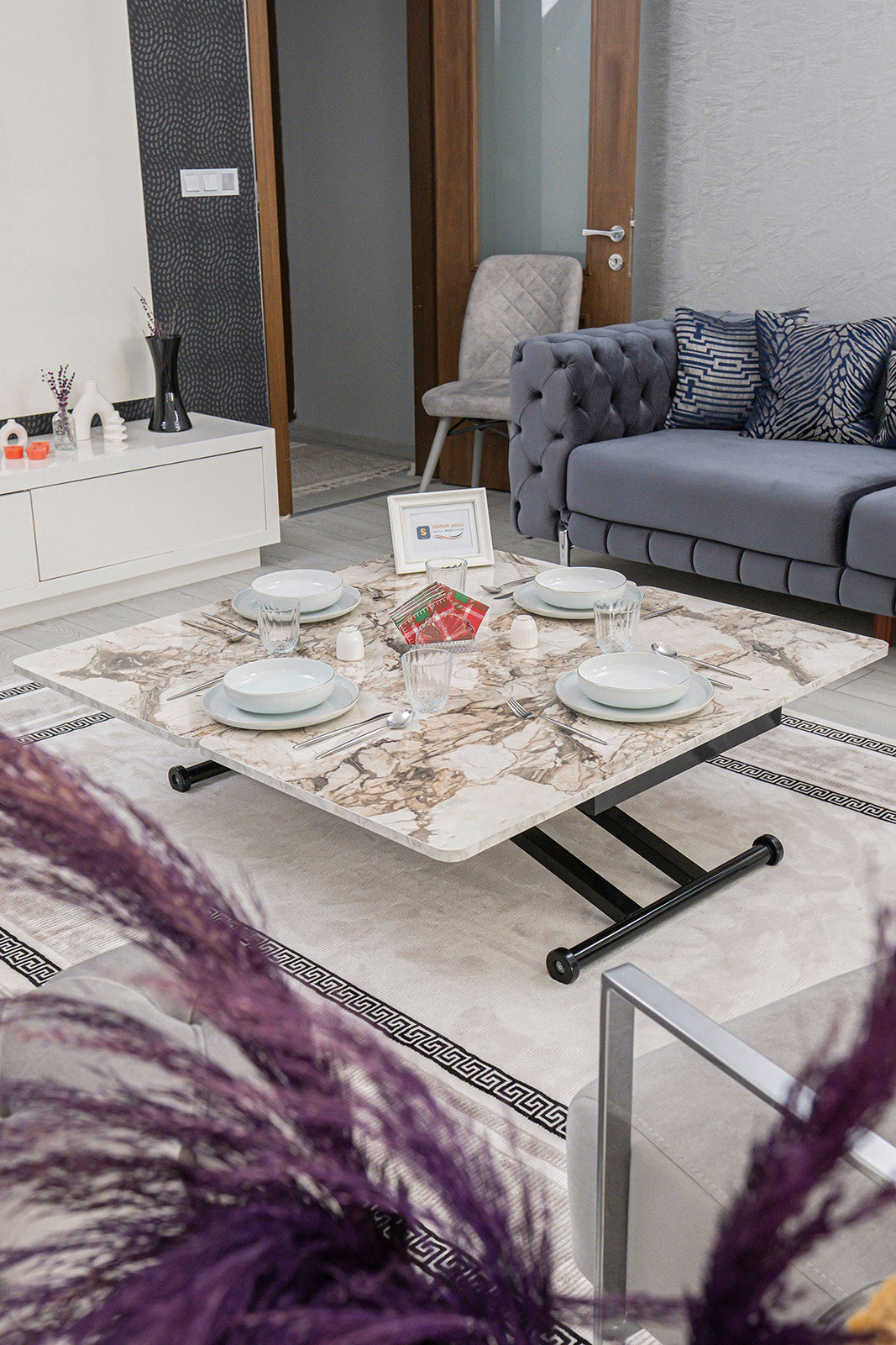 Home Smart Coffee Table – White Marble MDF Top & Black Metal Legs