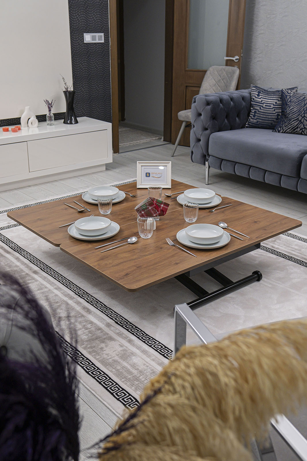Home Smart Coffee Table – Walnut MDF Top & Black Metal Leg