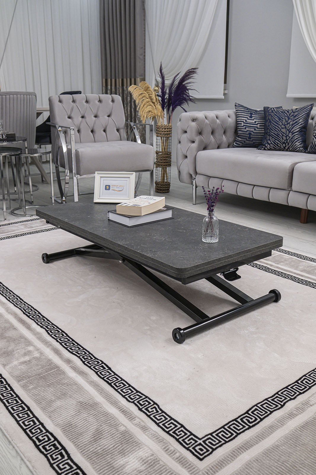 Home Smart Coffee Table – Grooved Anthracite MDF Top & Black Metal Legs